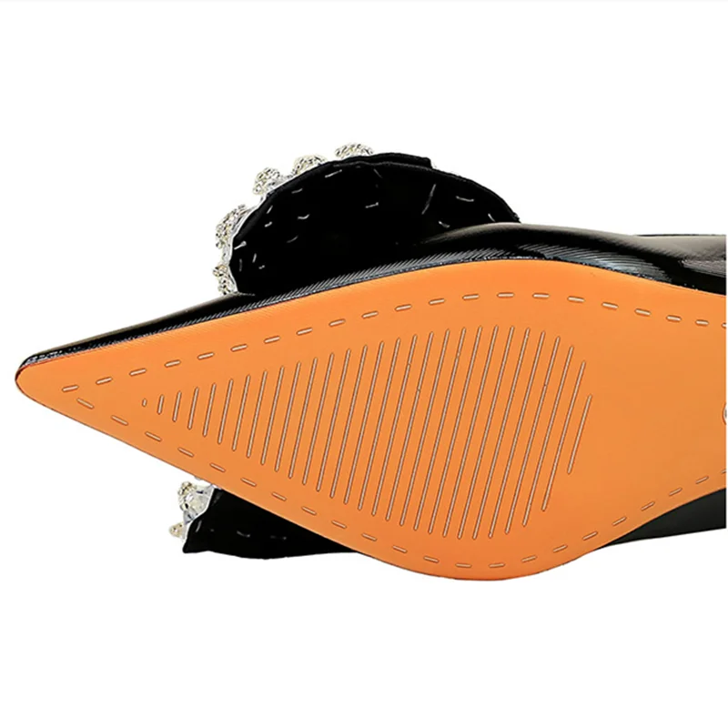 Women Diamond Butterfly-knot 5cm Thin Wineglass Heels Mujer Pointy Toe Green Pink Sewing Hand-Made Pumps For Narrow Feet 34-43