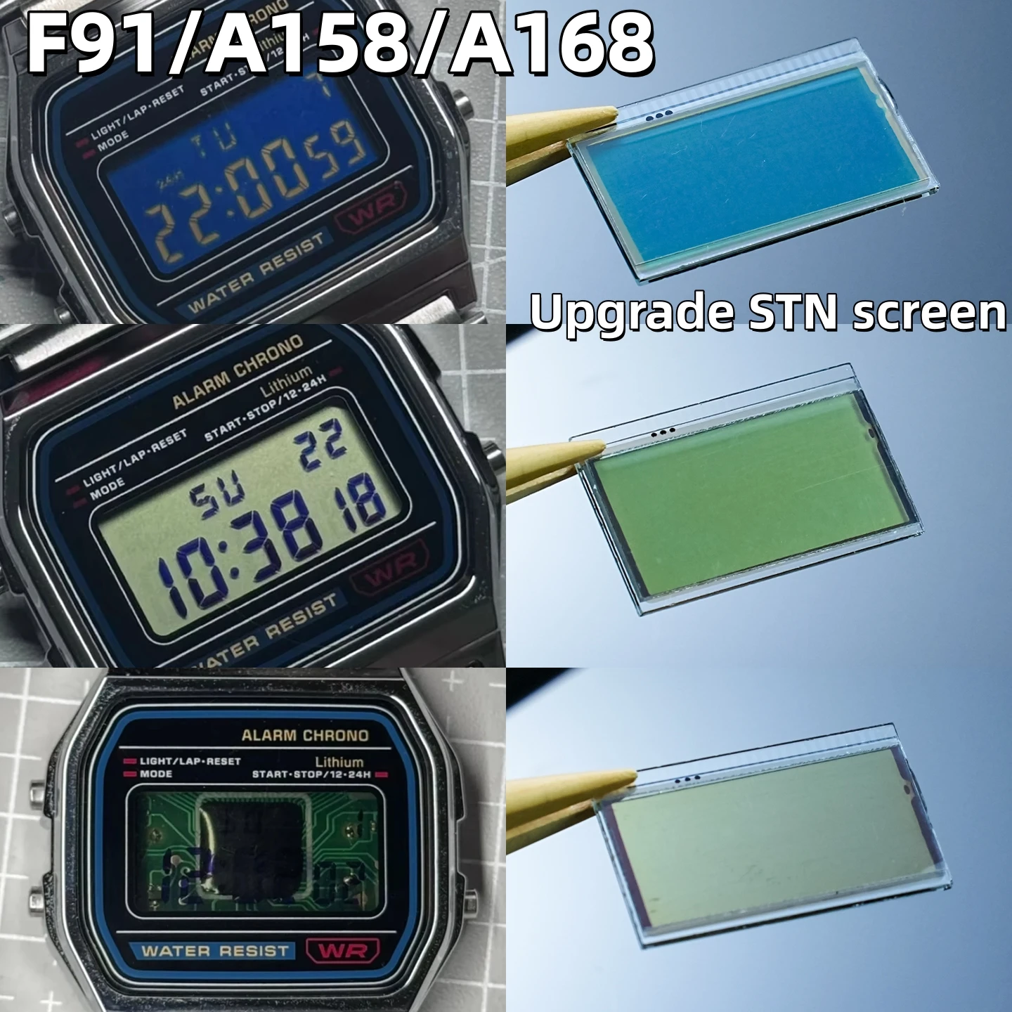 Фото ЖК-экран STN для часов Casio F-91W, F-105, A158, A159, A168, модификация, модернизация, высококонтрастный дисплей, запасные части №2
