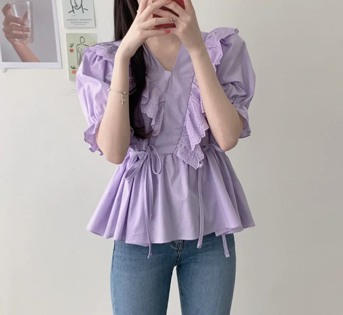 

Korean style V-neck Stitching lace Tops Summer Short-sleeved Casual Ruffles shirt Fashion Women blouse