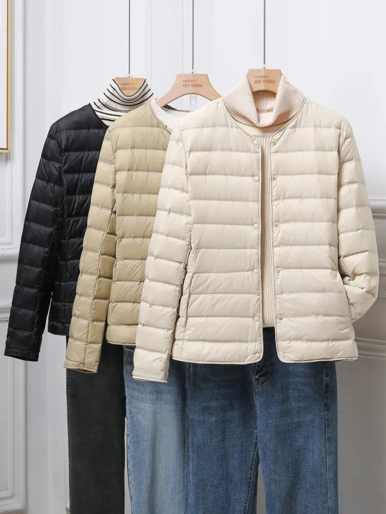 

Winter Duck Down Jacket Women Quilted Slim Ultra Light Thin Short Basic Coat Black Pocket For Spring ED1818
