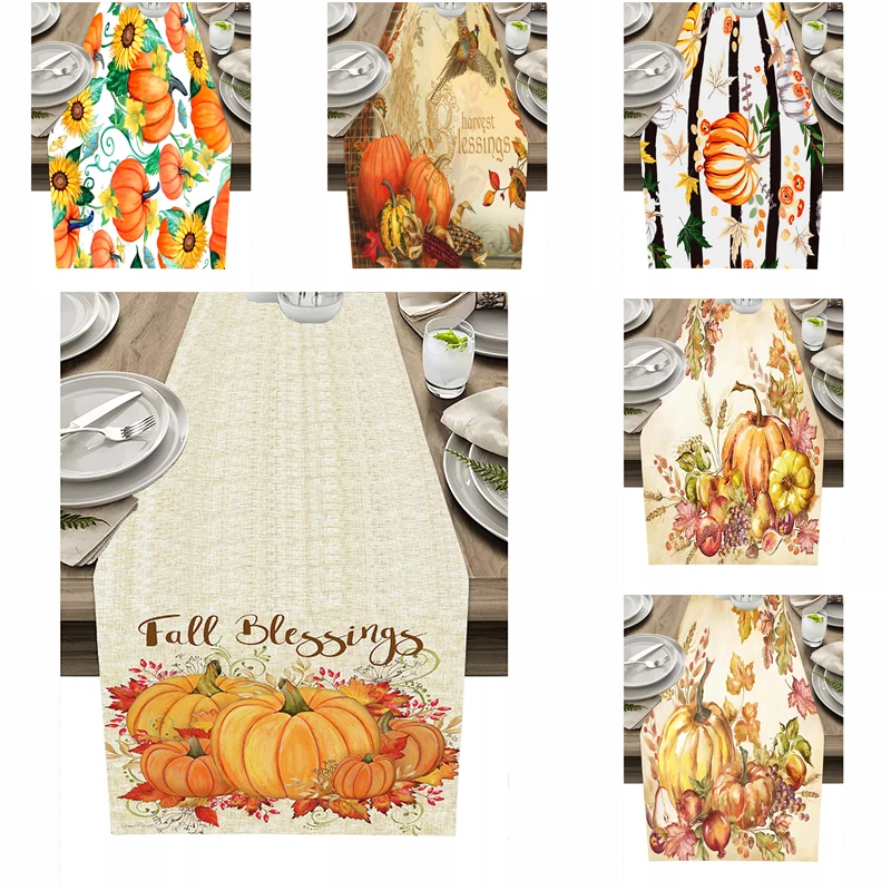 

Thanksgiving Dining Table Runner Pumpkin Fruit Maple Wedding Party Festive Coffee Table Flag Christmas Decoration Accessories