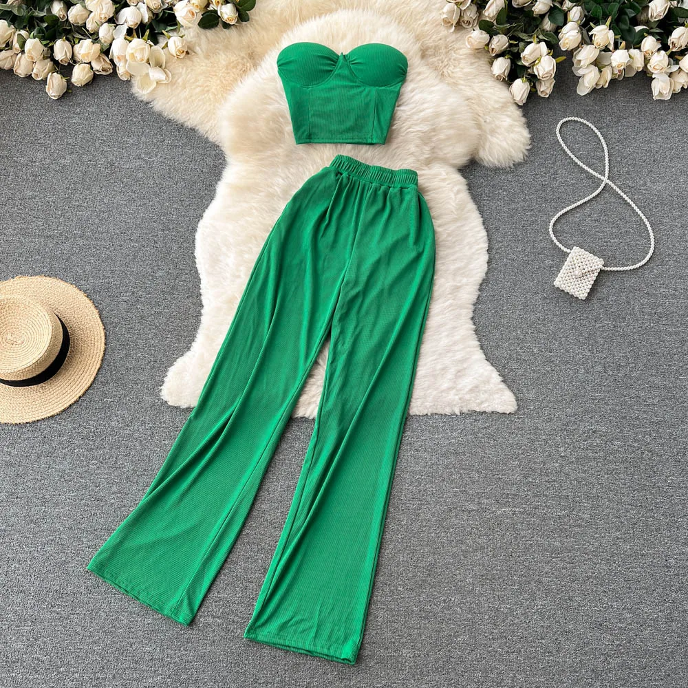 

Fashion Women Solid Sexy Two Pieces Sets Summer Strapless Slim Camisole + Wide Leg Long Pants Sets Streetwear Two Piece Suits