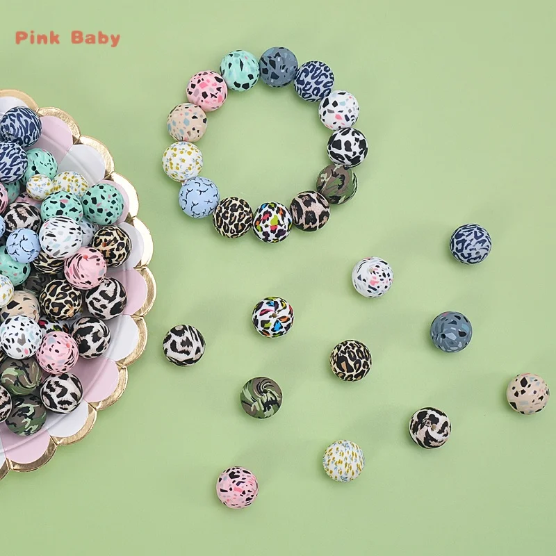 200Pcs 15mm Silicone Bead Leopard Print Camouflage Round Baby Teething Bead Food Grade DIY Pacifier Chain Toy  Accessories