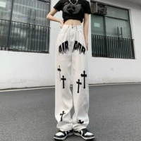 ins commuter black crucifix letter print y2k street style white jeans women all match casual straight denim trousers baggy pants