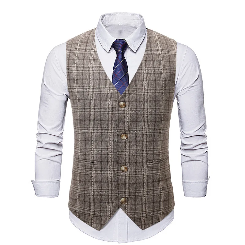 

Men Western Herringbone Tweed Suit Vest Wool Blend V Neck Slim Fit Plaid Waistcoat Party Wedding Prom Tuxedo Vest Gilet Homme XL