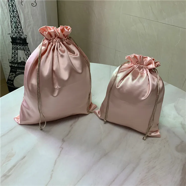 Rose Gold Satin Wig Packaging Bag with Drawstring Hair Large Clothes Shoes Cosmetics Storage Bags Gift Wholesale Custom Logo 50P