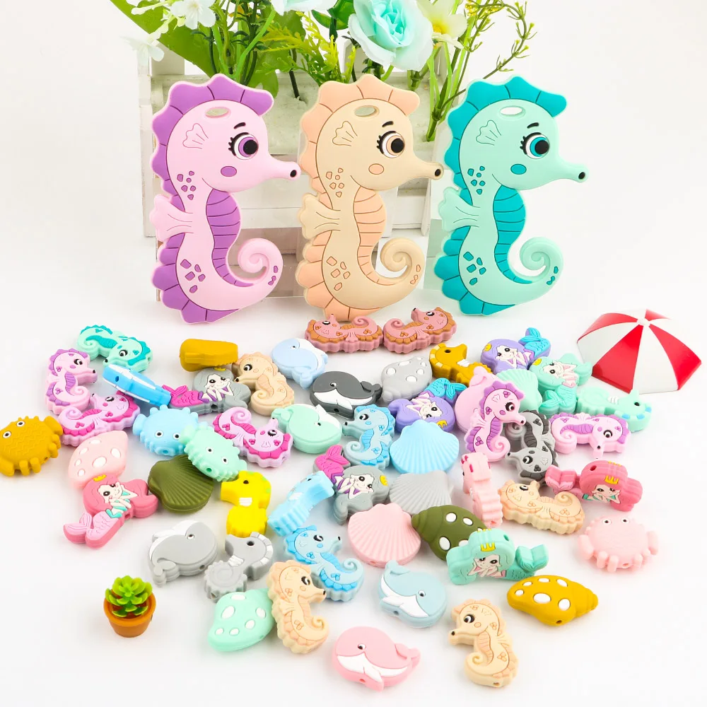 Kovict 1-10pcs New Ocean Series Silicone Beads Mini Seahorse Mermaid Animals Silicone Teethers DIY Pacifier Chain Baby Care Toys