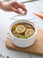 850ml double ear ceramic bowl with glass cover soup soup pot noodle steamed egg cup kitchen supplies ramen dessert tableware