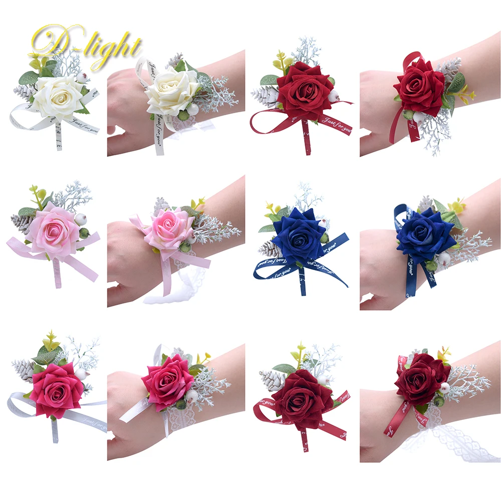 

Hot Selling Romantic Wedding Fabric Handmade Rose Brooch Bride Wrist Flower Men Groom Suit Pin Jewelry Dinner Pink Corsage Gifts