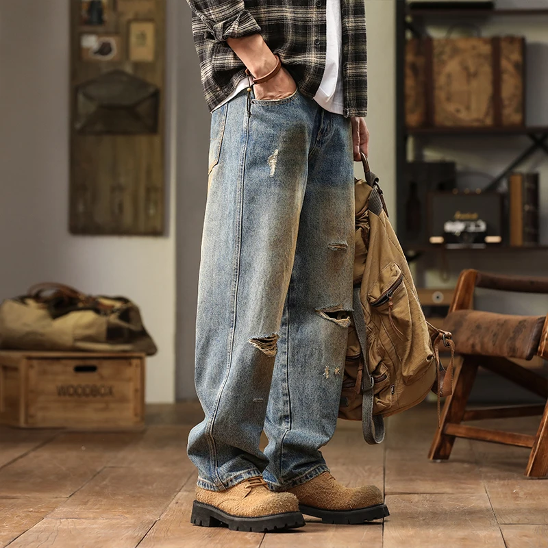 Осень и зима новинка 2024 винтажные рваные джинсы чтобы сделать старые модные