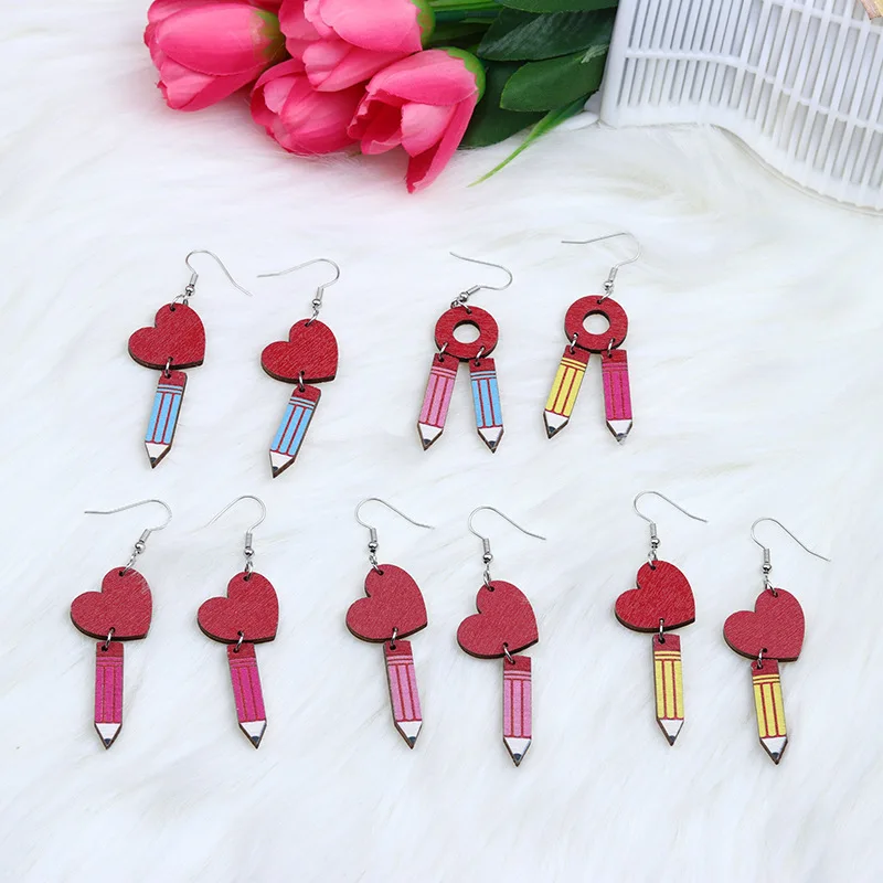 

U-Magical Statement Teachers' Day Heart Pencil Stationery Dangle Earings for Women Wood Hollow Out Circle Party Earings Jewelry