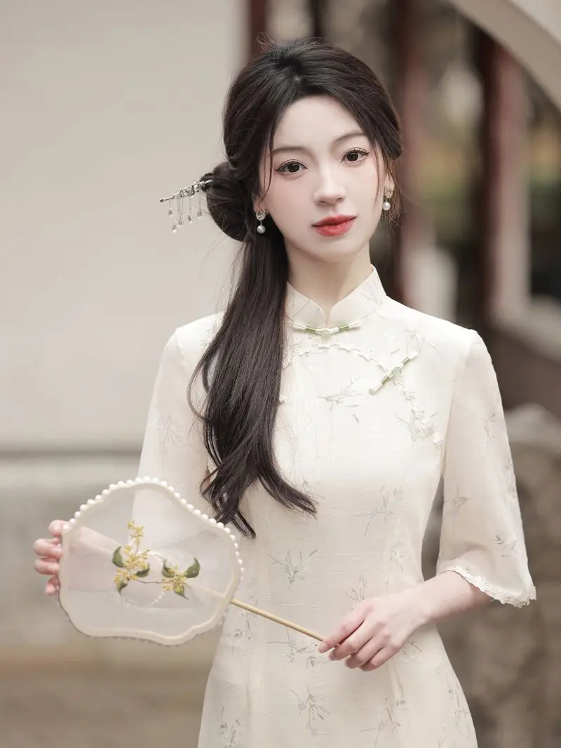 

2023 New Spring Summer Women's Cheongsam Dress Young Fashion Chinese Wind Show Thin Chiffon Dress Slit Seven Points Sleeve S-3XL