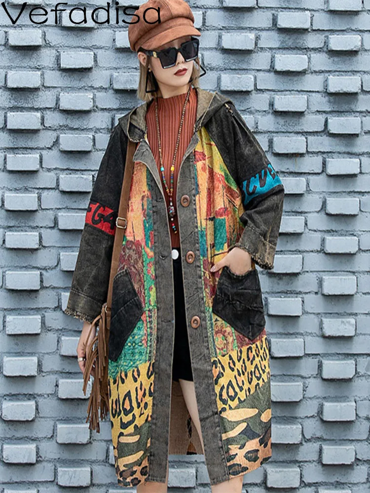 

Vefadisa Women Long Sleeves Hooded Coat Loose Retro Mid-length Knitting Splicing Denim Printing Coat 2023 Spring Autumn LHX2040