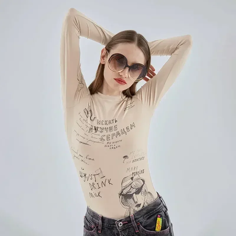 Женский осенний модный комбинезон с круглым вырезом и длинными рукавами принтом