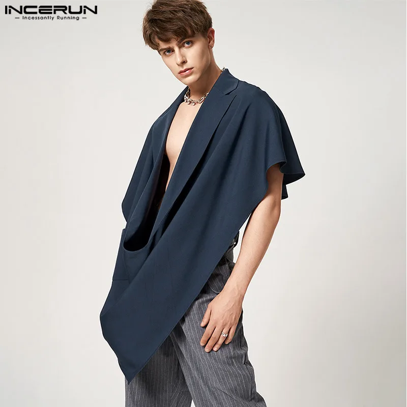 

INCERUN Fashion Men Vests Solid Color Lapel Sleeveless Loose Streetwear Casual Irregular Waistcoats Men 2023 Pockets Cloak S-5XL