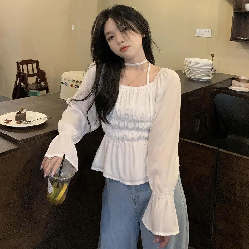 

Estceque New White Shirt Women French Short Square Collar Puff Sleeve Shirts Long Sleeve Sweet Loose Women Blouses Dropshipping