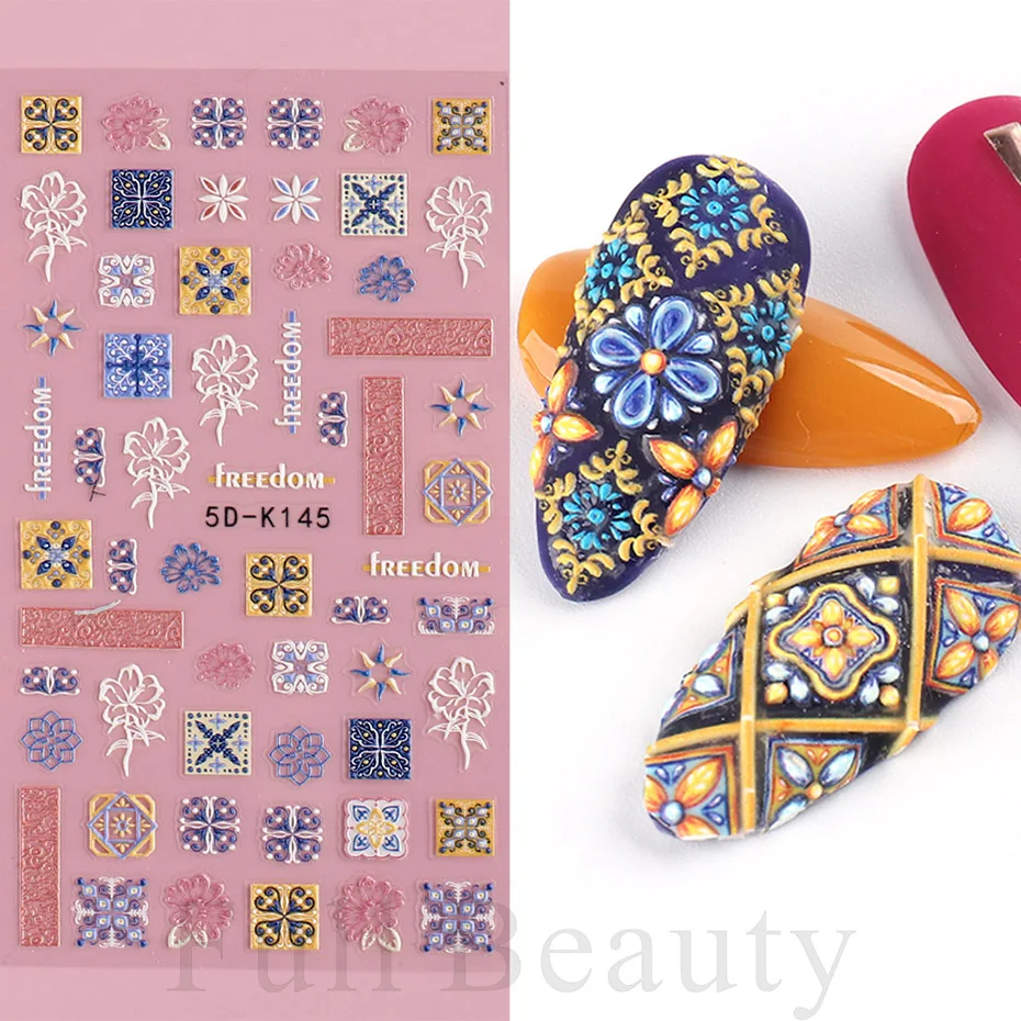 

5D Mandala Flower Sticker Retro Ethnic Style Tattoo Slider Geometric Leaf Unicorn Rabbit Relief Gel Polish Decoration SA5D-K145