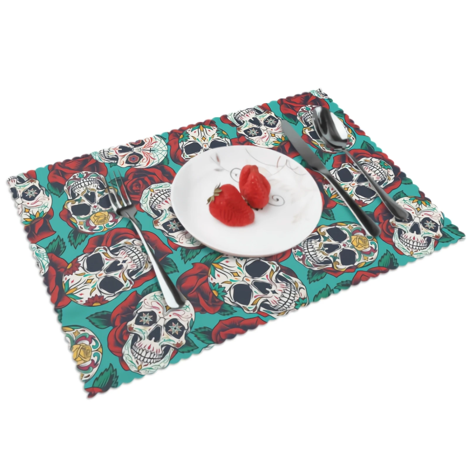 

Rose Skull Placemats for Dining Table Set of 4 Washable Place Mat Sugar Flowers Skulls Polyester Kitchen One Size
