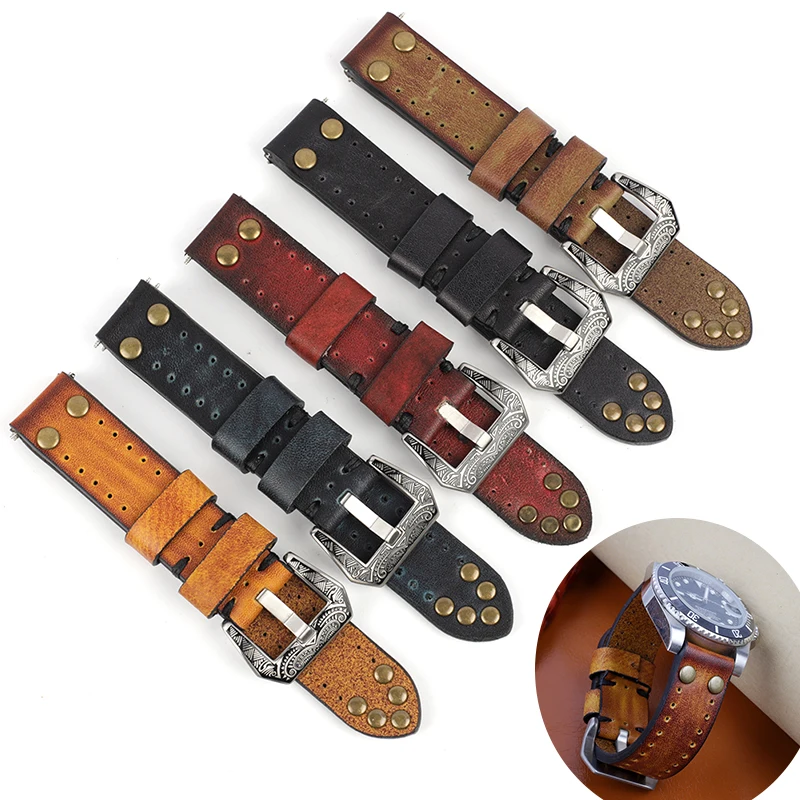 

18mm 20mm 22mm 24mm Vintage Genuine Leather Watchbands Rivet Leather Watch Strap Replacement Carving Strap Watches Accessorie
