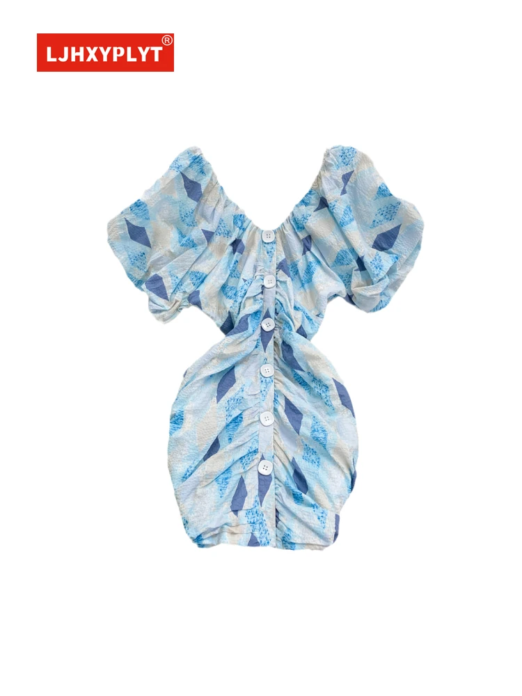 

Off-the-shoulder Pleated Lantern Sleeve Blue Dress Summer Retro Geometric Print Bag Hip One-shoulder Slim Short Frocks Female