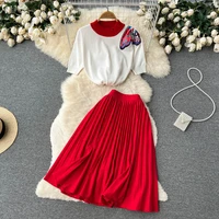 new summer 2 piece suit ladies knitted butterfly korean crew neck blouse tops long pleated skirt office lady set women clothing