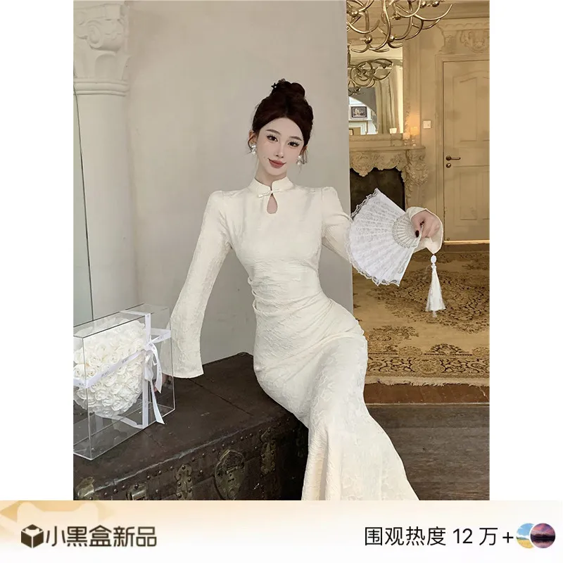 Plus Size Baiyashan Shirt New Chinese Sle Stand Collar Buckle Elegant Jacquard Slim fit Fishtail Dress