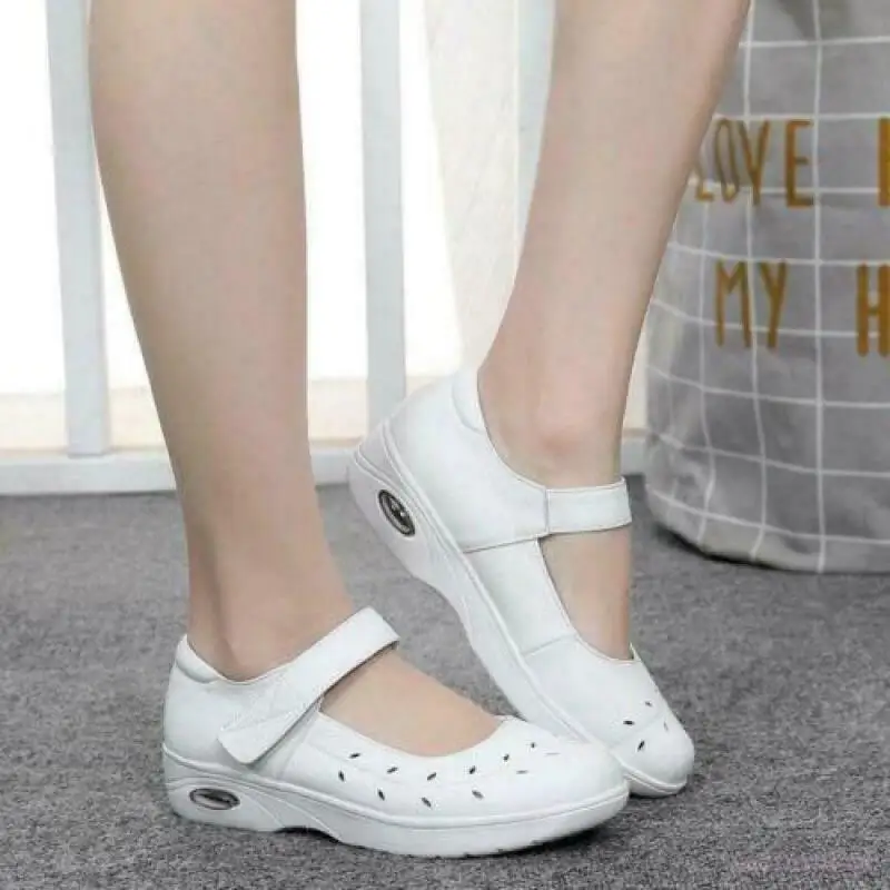 

Lady Leather Loafers Buckle Flats Hospital Nurse Work Nursing Shoes Hollow sz