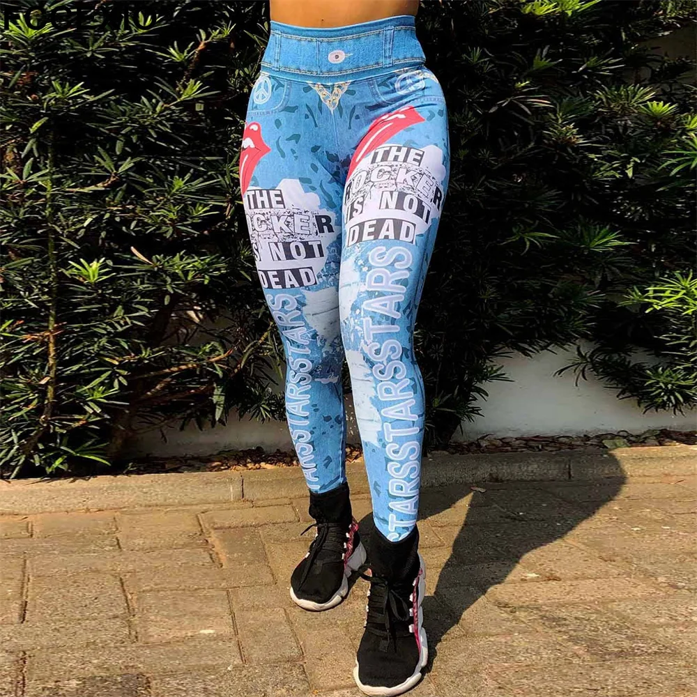 

FCCEXIO Cartoon Cowboy Red Lips Print Women's Sports Leggings High Waist Running Tight Fitness Workout Yoga Gym Pants S-3XL