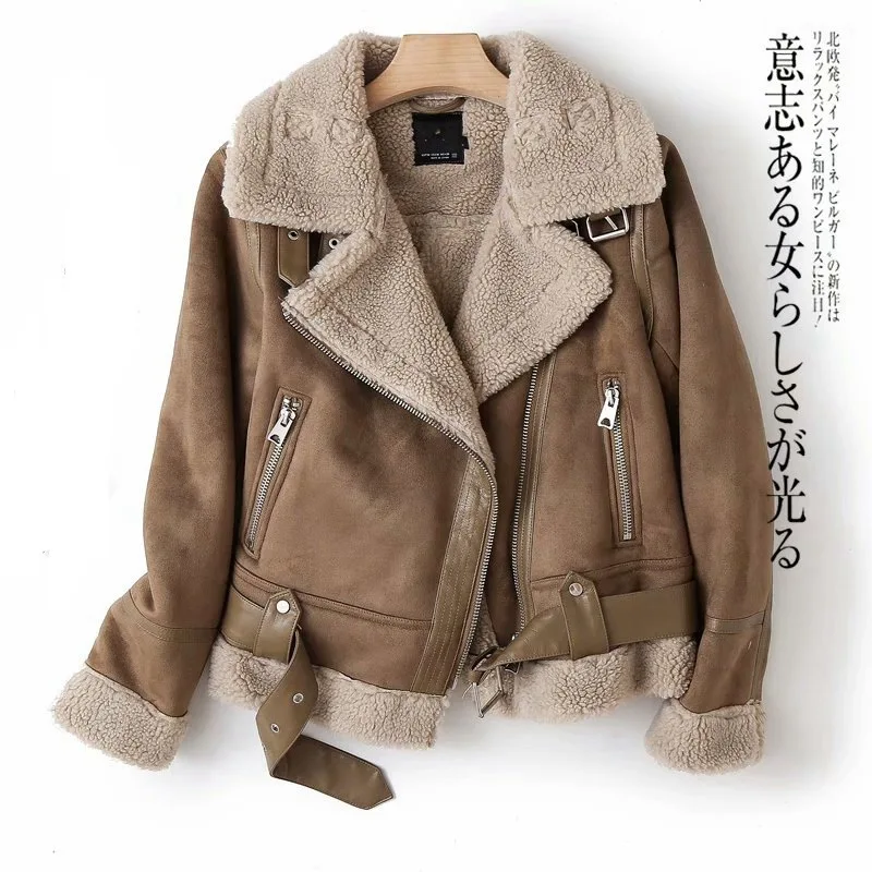 

Women Jacket and Coats for Winter Thick Warm Fleece Turn-down Collar Suede Lamb Wool Black Khaki Autumn Female Outwear C4411
