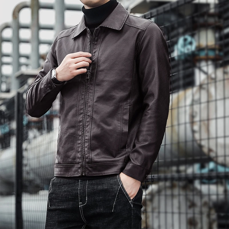 Повседневная мужская куртка из искусственной кожи весна-осень однотонное