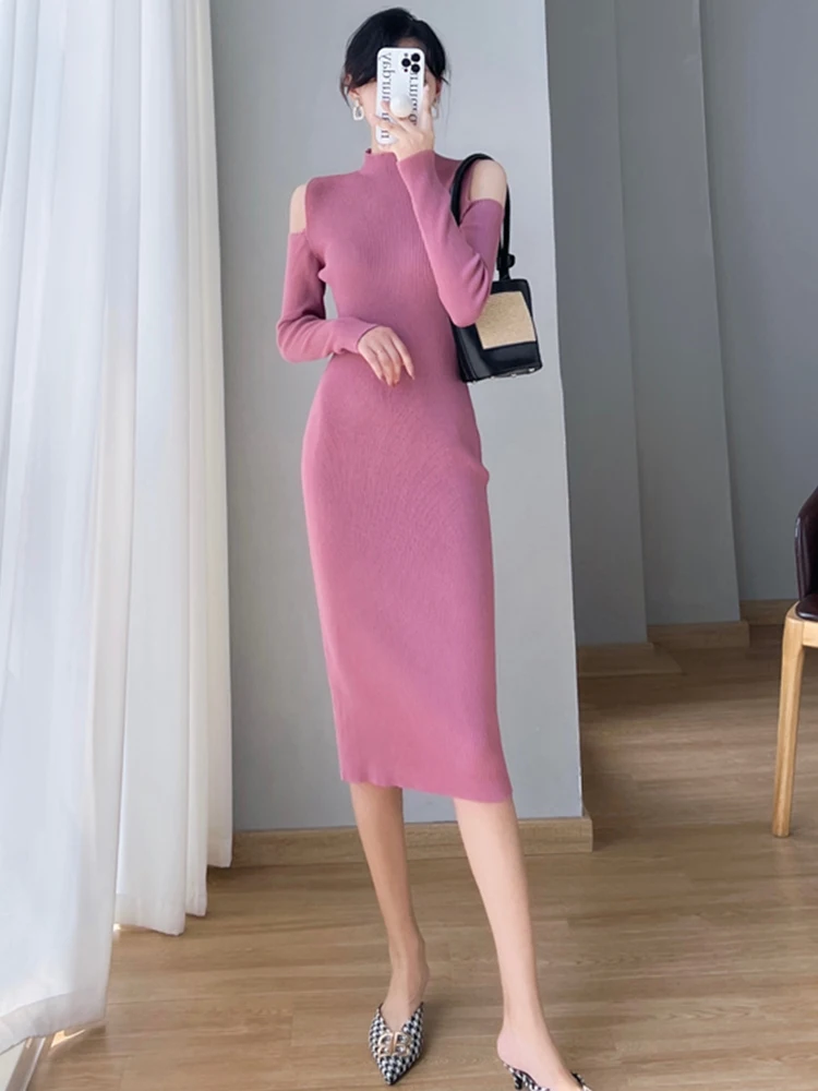 

Purple Sweater Autumn Winter Dress For 2023 Women Vintage Casual Prom Elegant Black Sexy Korean Long Sleeve Knitted Midi Dresses