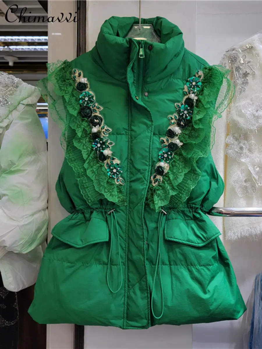 

European Autumn Winter New Mesh Green Diamond-Embedded Floral Vest Coat Fashion Slim Fit Vest Sleeveless Cotton-Padded Jacket
