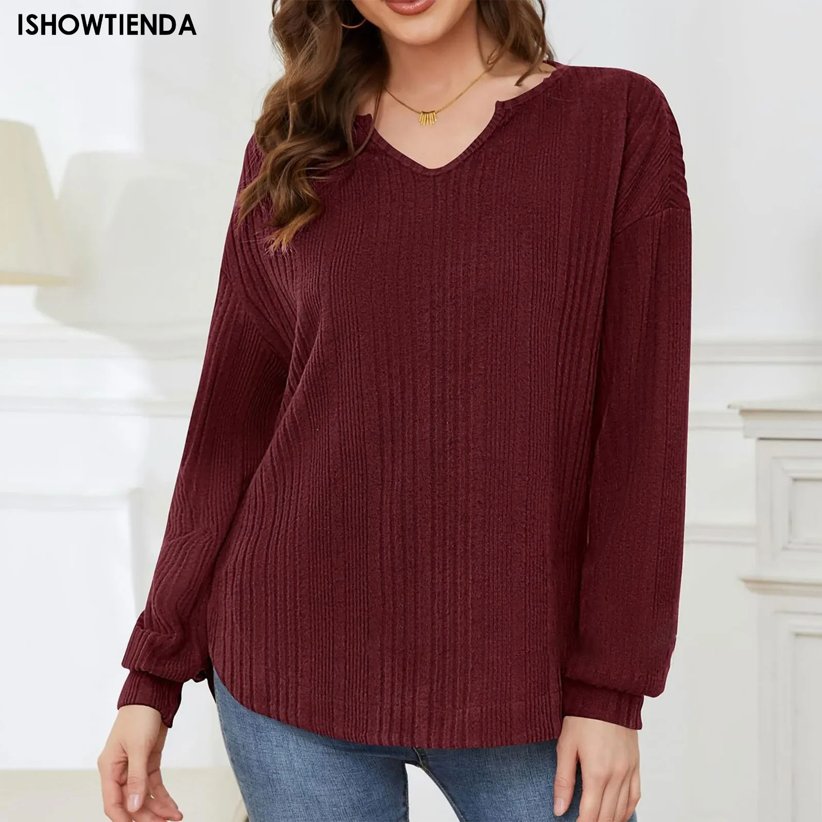 

Новинка 2023, брендовые пуловеры, женские футболки, Сексуальная рубашка с длинным рукавом и V-образным вырезом, женские топы, тонкая футболка, женские футболки, вязаный свитер