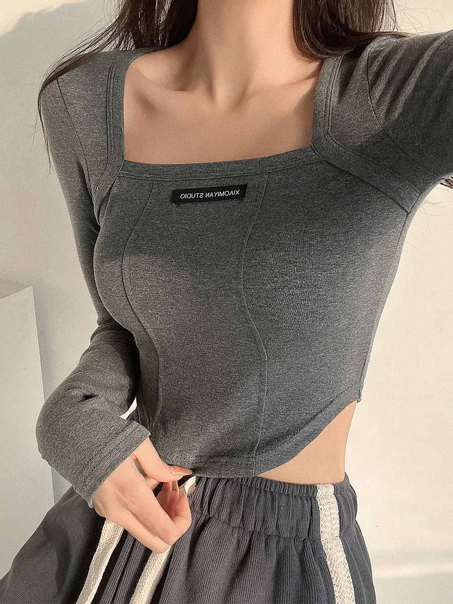 

WOMEGAGA Square Neck Slim Letter Label Long Sleeve Bottoming Top Women's Solid Color Sexy Hot Girl High Waist Short T-shirt Q291