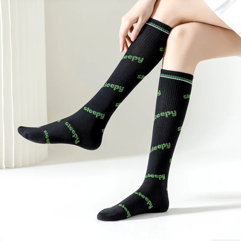 

Letter calf socks female spring and summer thin section stripes jk knee socks college wind Korean version of the thigh highsocks