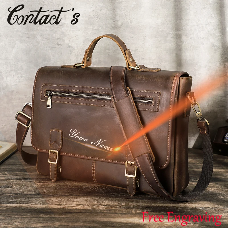 

Contact's Genuine Leather Men Briefcase Vintage Office Laptop Bag Handbag Male Casual Shoulder Messenger Bag for Macbook 14''