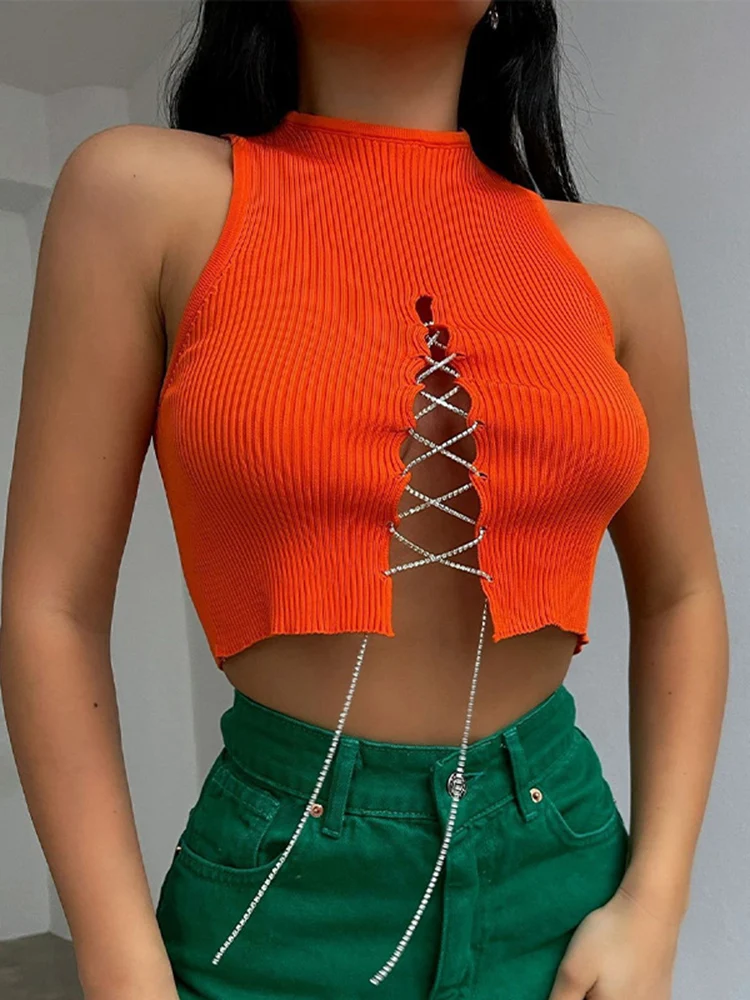 

Korean Fashion Knitted Crop Tops Sleeveless Knit Rib Tanks Tops Women Streetwear Shirts Cropped Sexy Off Shoulder Diamond Chain