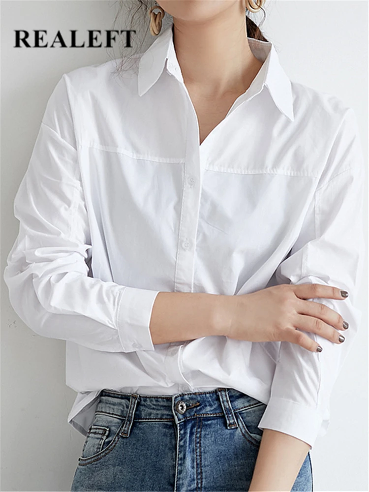 

REALEFT Cotton White Casual Women's Blouse 2022 New Autumn Turn-down Collar Female Blouse Tops Basic Workwear Office Shirts