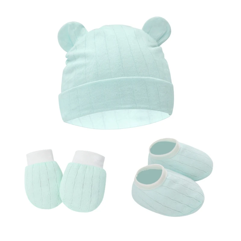 1Set Baby Anti Scratching Gloves Cute Ears Hat Foot Cover Set Soft Cotton Mitten