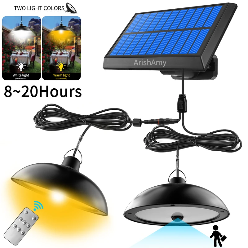 Solar Powered Indoor Outdoor Light Motion Sensor LEDs Porch Lamp 2 Heads Pendent Hanging Lampshape Floodlight Home Garden Patio