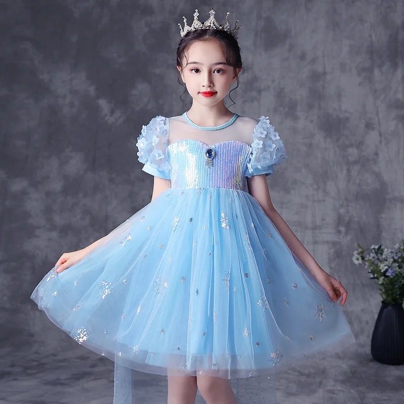 

2022 New Ice and Snow Style Summer Sequins Elsa Dress Children's Pengpeng Gauze Dress