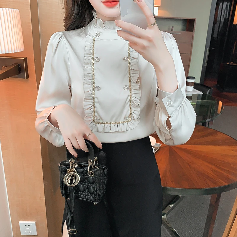 New French Fashion Ladies Elegant Agaric Edge Double-breasted Shirts Blouses Women Tops Female Casual Girls Long Sleeve Blouse 2