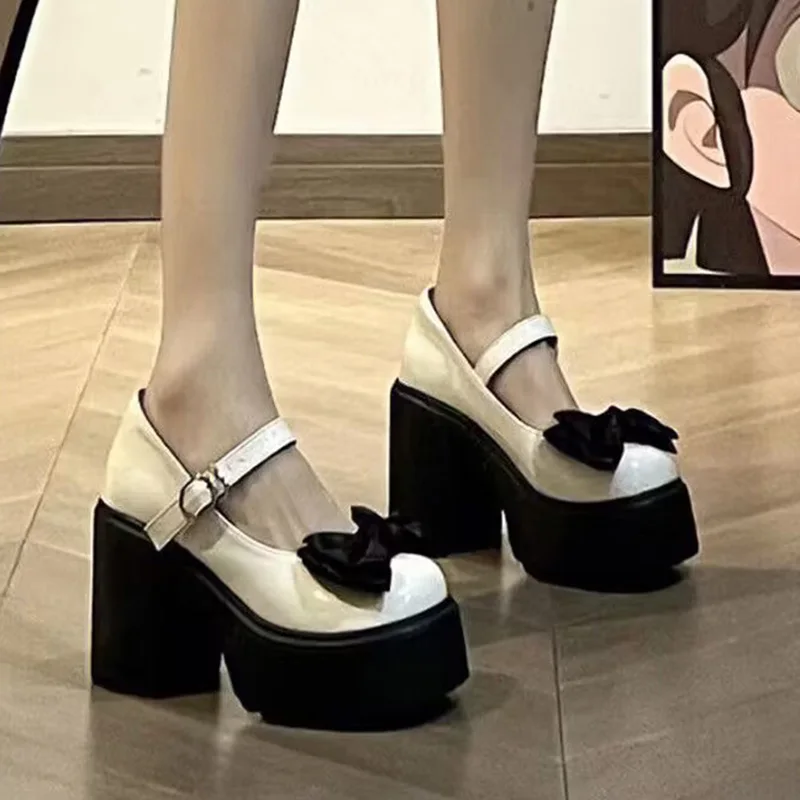 

Женские туфли на массивной платформе, туфли-лодочки с бантом в готическом стиле на очень высоком каблуке, туфли мэри джейн, Лолита с ремешком на щиколотке, весна-лето 2023