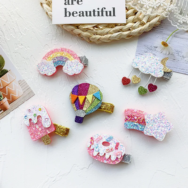 

Retail Glitter Butterfly Hairpins Shinning Rainbow Pink Dougnut Girl Barrette Fairy Princess Crown Tiara Hair Clips Meteor Grips