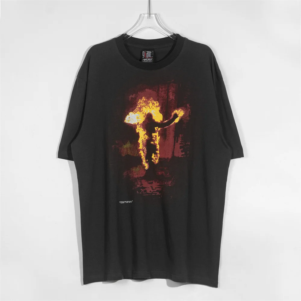 

VINTAGE Fashion Washed Flame Man Short Sleeve High Street Wearing Loose Oversize Casual Fashion T-shirt Style for Men and Women