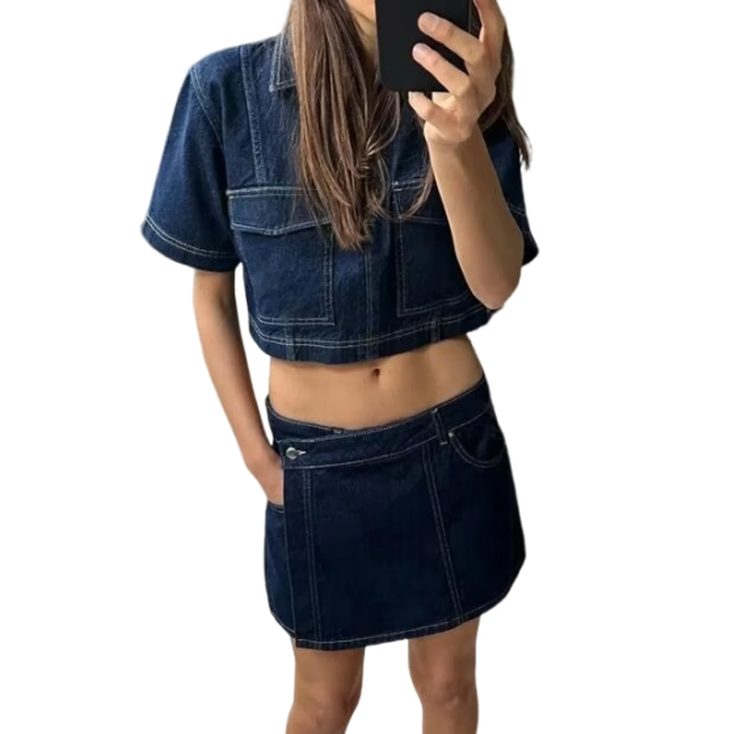 Женская джинсовая рубашка стильный топ с коротким рукавом повседневная