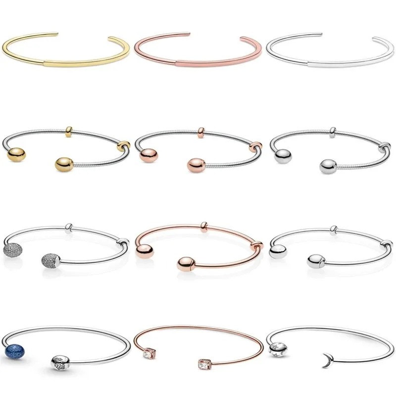 

Authentic 925 Sterling Silver Rose Gold Moments Snake Chain Style Open Bracelet Bangle Fit Women Bead Charm Diy Fashion