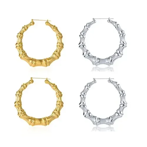 Винтажные золотые большие бамбуковые серьги-кольца с серебряным вырезом для