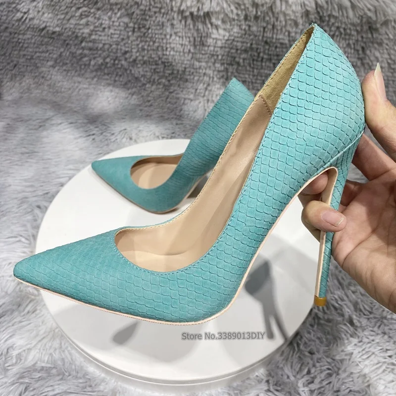 Blue Purple Snakeskin Pattern Leather Pointy Toe Silver High Heels Pumps Women Dress Shoes Stilettos Party Shoes 8Cm Heels