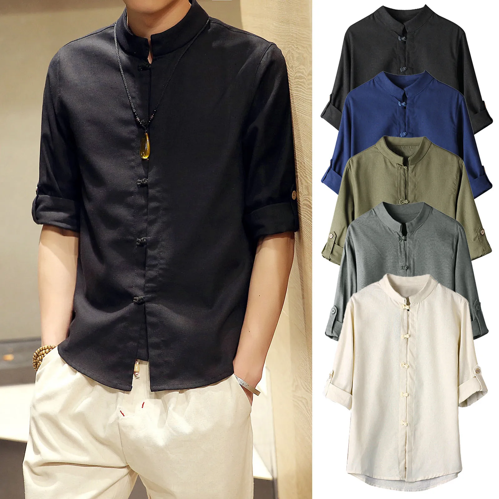 

down Shirt Men Daily Classic Style Kung Fu Shirt Tops Tang Suit Three Quarter Sleeve Linen Blouse White Tunic T Shirts for Men